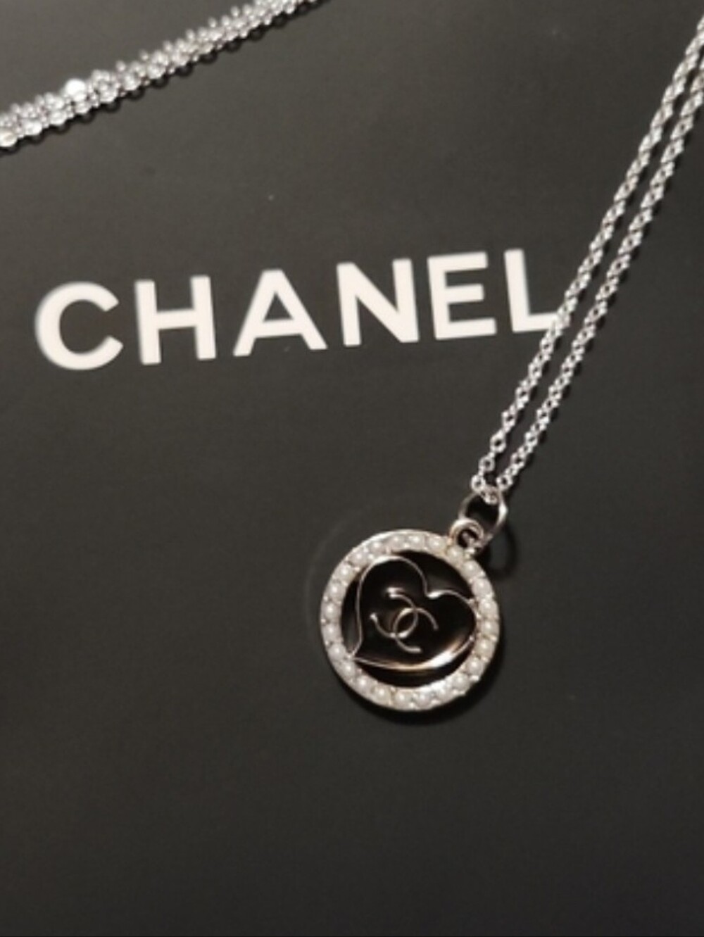 Silver Black Circle CC Pendant Necklace with Crystal Halo And Gift Bag